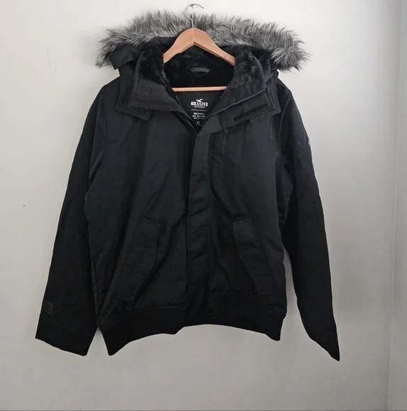 Men's Hollister Jacket Faux Fur Bomber Aviator XL All Weather Black - Picture 4 of 12